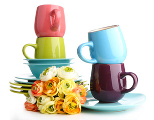 Clean colorful tableware isolated on white