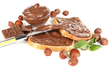 Bread with sweet chocolate hazelnut spread isolated on white
