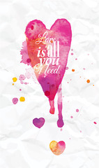 Watercolor Valentines Day Heart lettering Love is all you need i