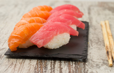 Salmon and tuna sushi nigiri