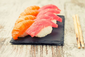 Salmon and tuna sushi nigiri