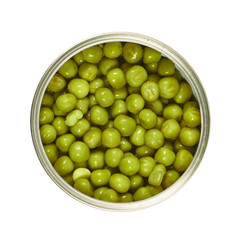 Metal can full of green peas isolated