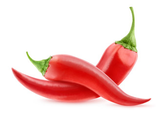 Isolated peppers. Two red hot chili peppers isolated on white background © ChaoticDesignStudio