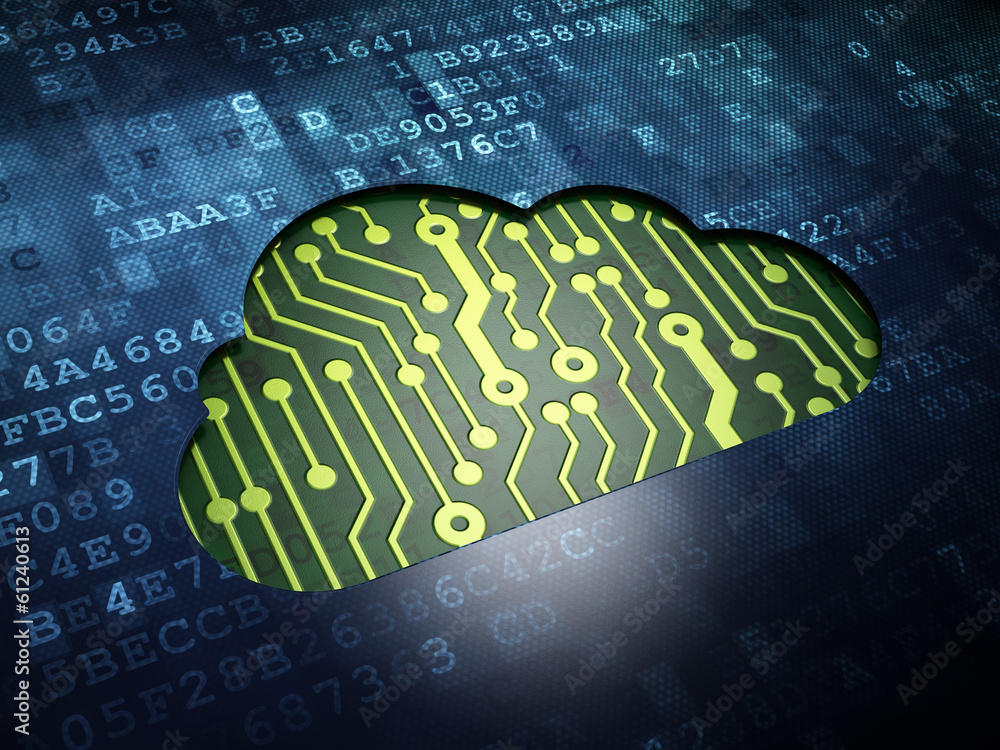 Poster cloud computing concept: cloud on digital screen background