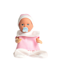 Baby doll in pink clothes isolated on white background