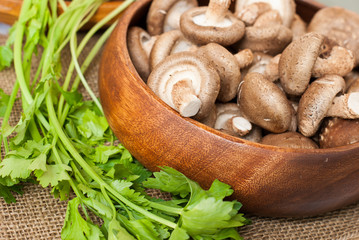 Fresh mushrooms in bowl on wooden background