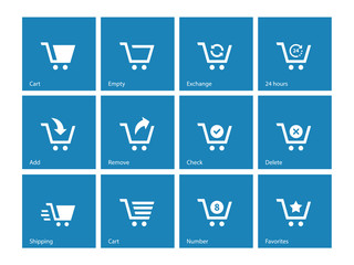 Shopping cart icons on blue background.