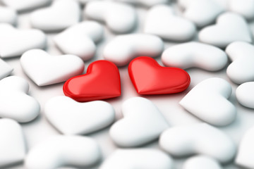 two 3d red hearts on white hearts background