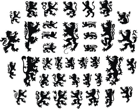 Heraldic lions silhouettes set