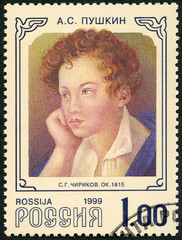 RUSSIA - 1999: shows portrait of Alexander Pushkin (1799-1837) - obrazy, fototapety, plakaty