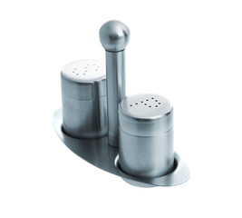 Metal salt and pepper shakers on stand