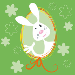 Winkender Osterhase,Osterei,Blumenwiese,Vektor