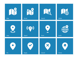 Map icons on blue background. GPS and Navigation.