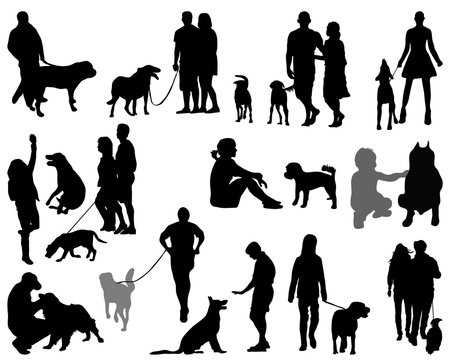 Black silhouettes and shadows of people with dogs, vector