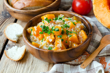 Pumpkin stew with rice and meat
