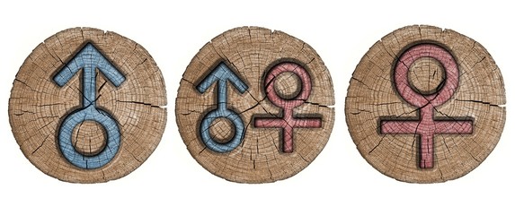 Male and female signs, wooden label