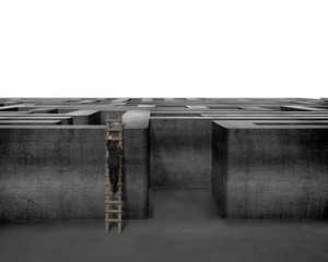 Obraz na płótnie Canvas Businessman climbing on wooden ladder to top of concrete maze