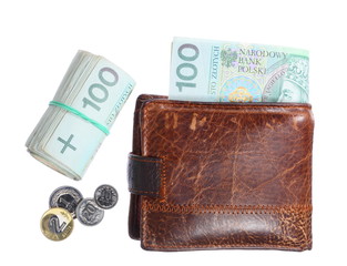 Economy and finance. Wallet with polish banknote isolated