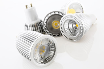 five GU10 LED lamps with different designs of the cooling