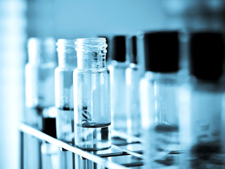 Laboratory glassware with liquid in blue tone