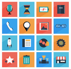 Flat  media and office icons with long shadow,  SEO website, web