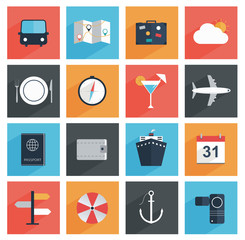 Flat travel icons with long shadow, tourism and vacation.