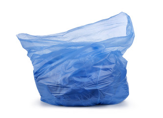 blue garbage bag with trash isolated on white