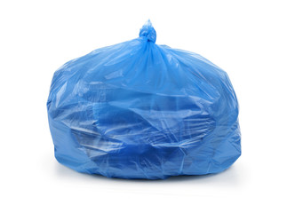 blue garbage bag with trash isolated on white
