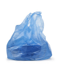 blue garbage bag with trash isolated on white