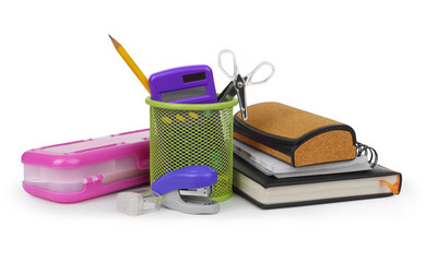 School and office supplies on white background, back to school