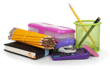 School and office supplies on white background, back to school