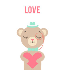 Cute cartoon hipster bear holding heart on white background