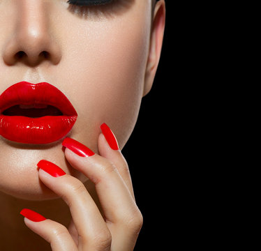 Red Sexy Lips and Nails closeup. Manicure and Makeup