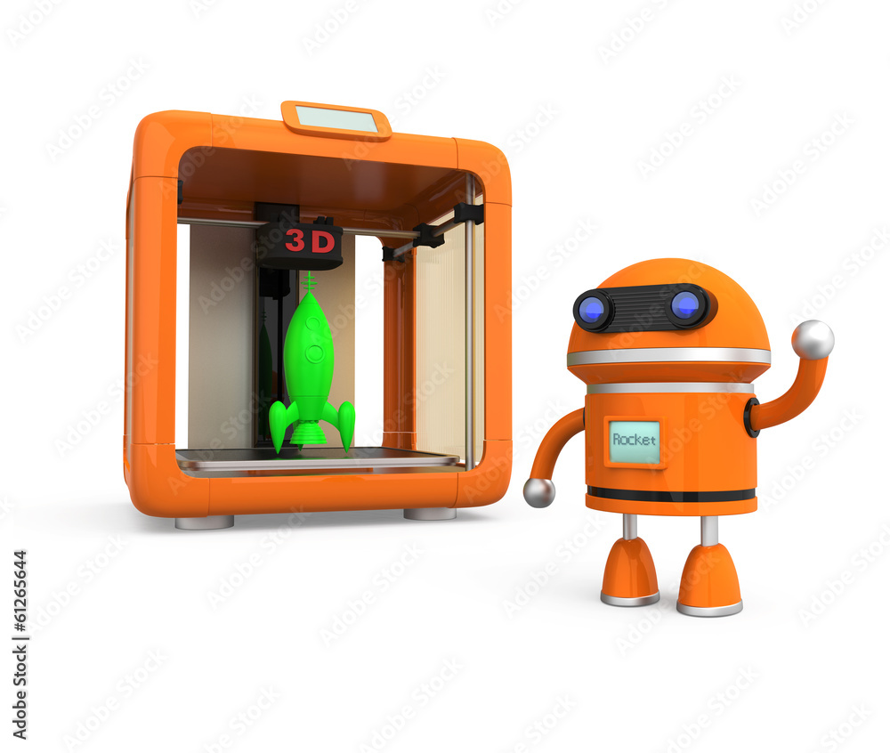 Poster personal 3d printer with rocket, robot model