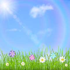 Background with sky, sun, clouds, rainbow, grass and flowers