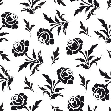 Black Flowers On White, Seamless Floral Pattern
