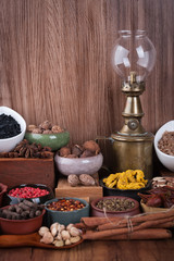 Large set of spices, seasonings and salt