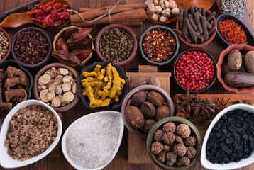 Large set of spices, seasonings and salt