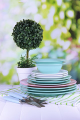 Clean dishes with flower on wooden table on natural background