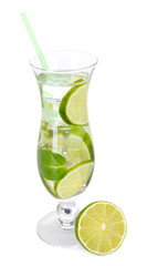 Glass of cocktail with lime and mint isolated on white