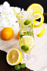 Glass of cocktail with lemon and mint on table close-up