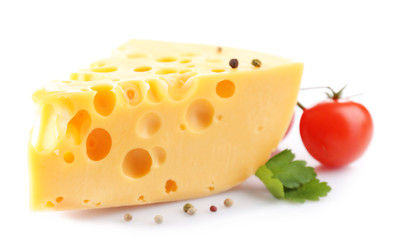 Piece of cheese and tomatoes, isolated on white