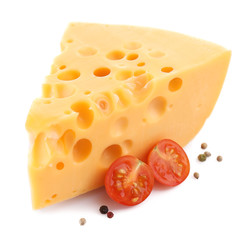 Piece of cheese and tomatoes, isolated on white