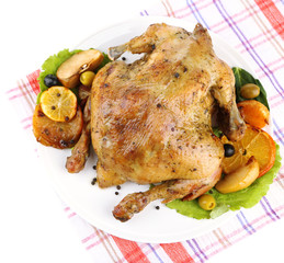 Composition with Whole roasted chicken with vegetables, color