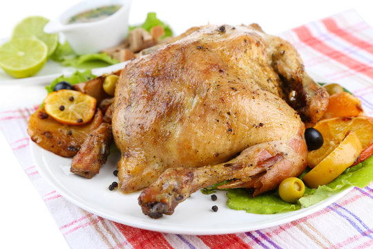 Composition with Whole roasted chicken with vegetables, color