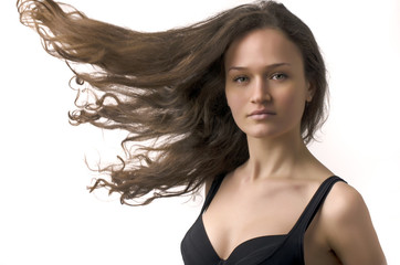 Woman with messy, damaged hair, hair flowing