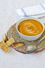 Pumpkin soup with croutons.
