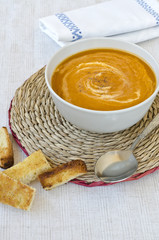 Pumpkin soup with croutons.