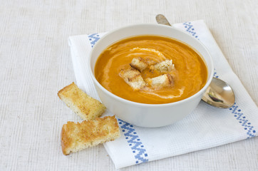Pumpkin soup with croutons.