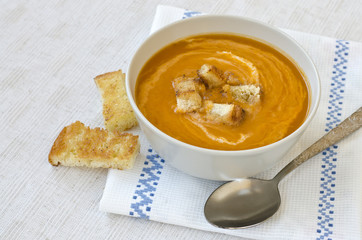 Pumpkin soup with croutons.